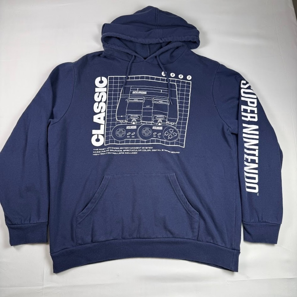 Super Nintendo SNES Classic Console Graphic Hoodie Navy Blue Mens XL Pullover
